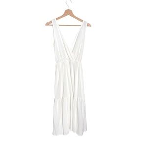 Caution To The Wind White Ribbed Midi Tiered Dress V Neck Sleeveless